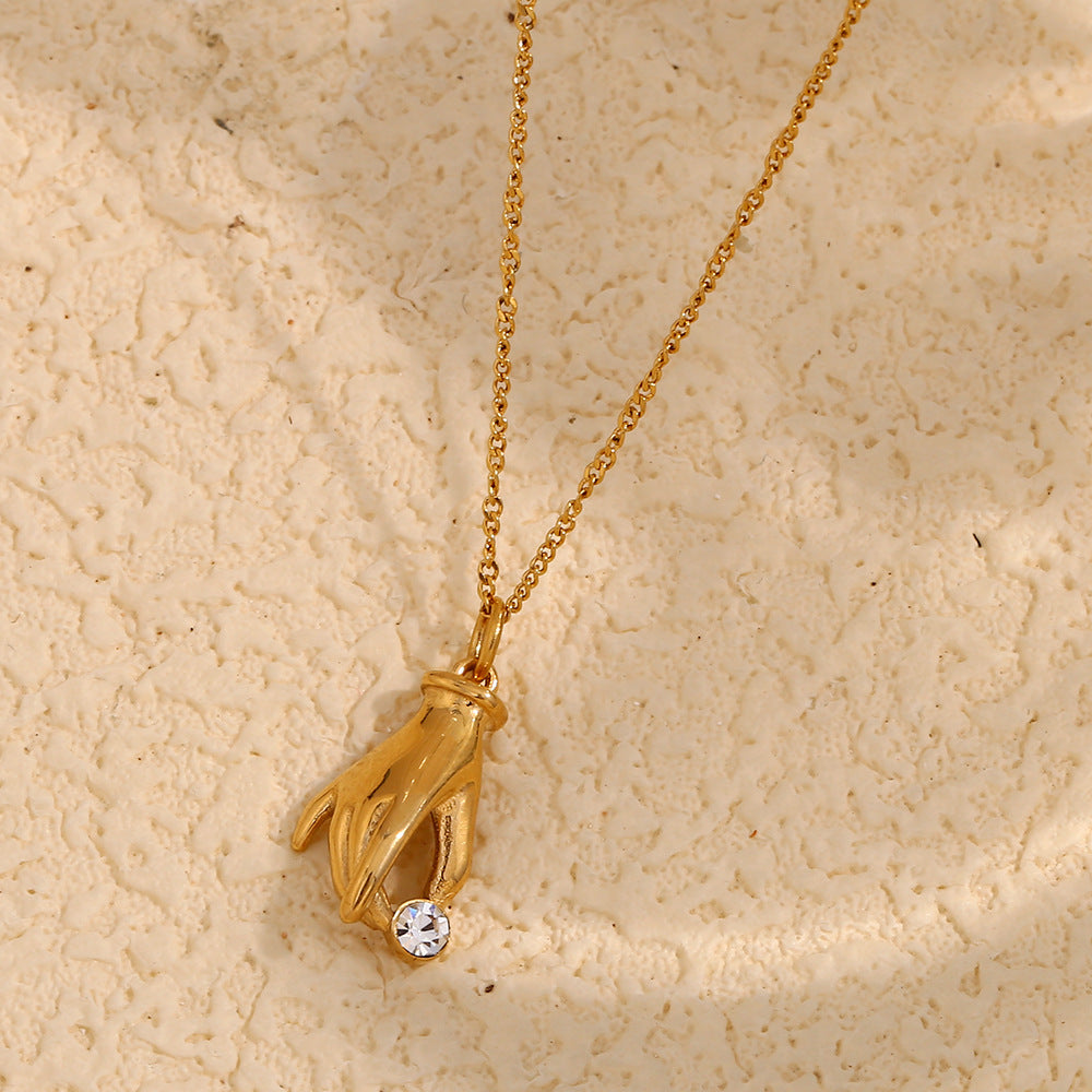 Collana Pendente Geometrica Minimalista da Donna in Acciaio Inossidabile con Placcatura in Oro 18K e Accenti di Strass Bianchi