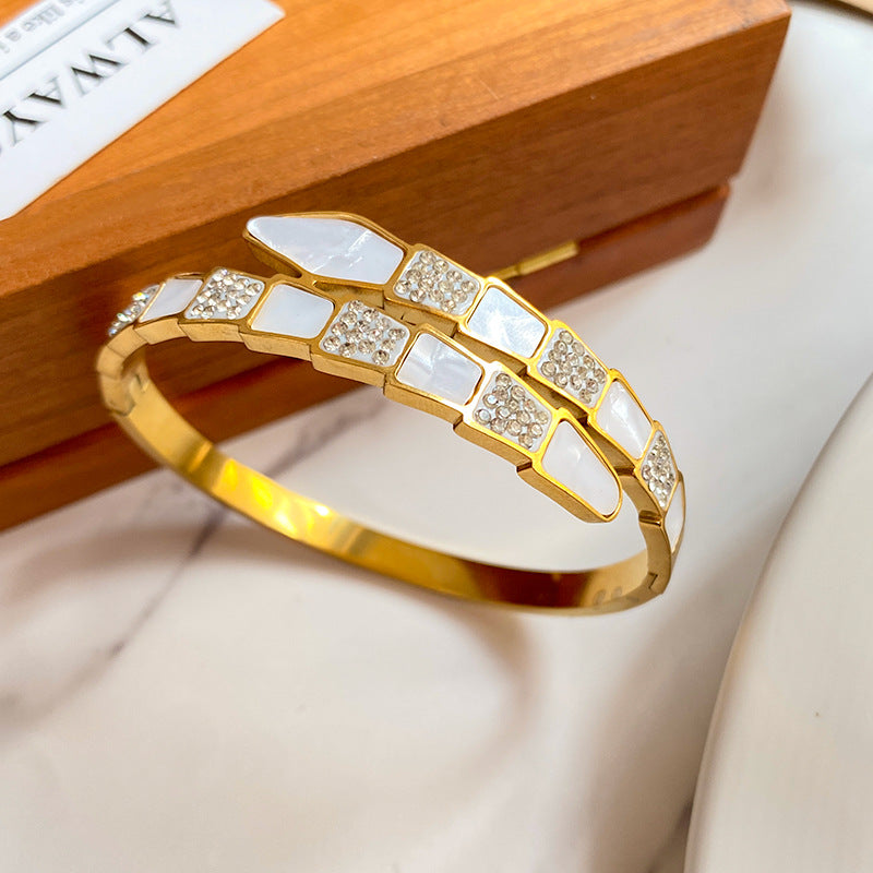 Minimalist Snake Shape Micro-Inlaid Cubic Zirconia Titanium Steel Snake Chain Bracelet