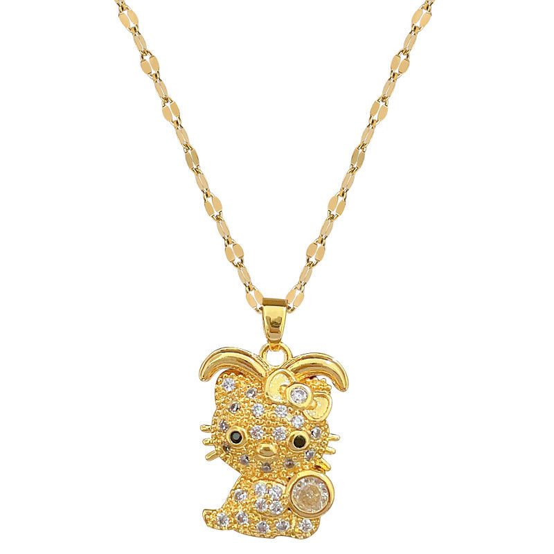 Luxury Butterfly Knot Cat Pendant Necklace for Women Stainless Steel Delicate Bowknot Collar Chain with Rhinestone Accents