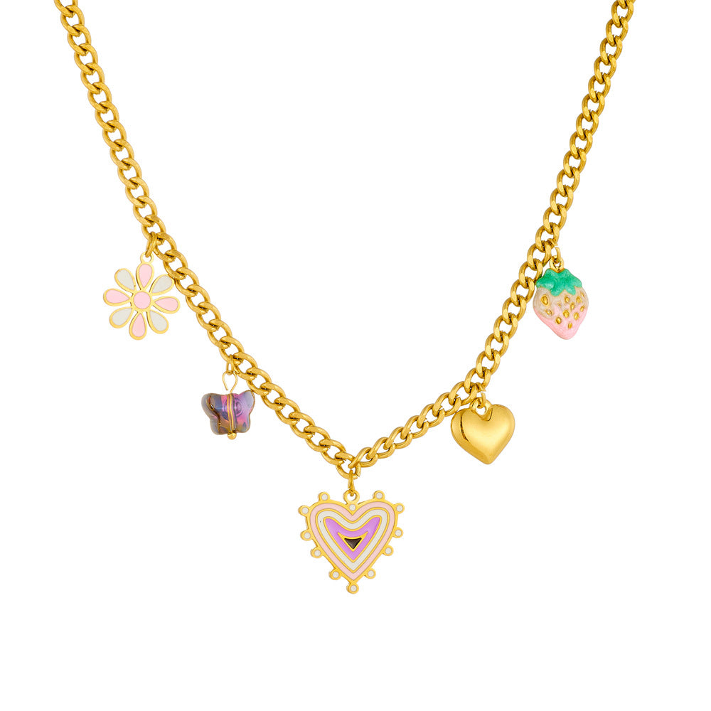 Sweet Gradient Strawberry Floral Heart Pendant Necklace in Stainless Steel with Plated Finish