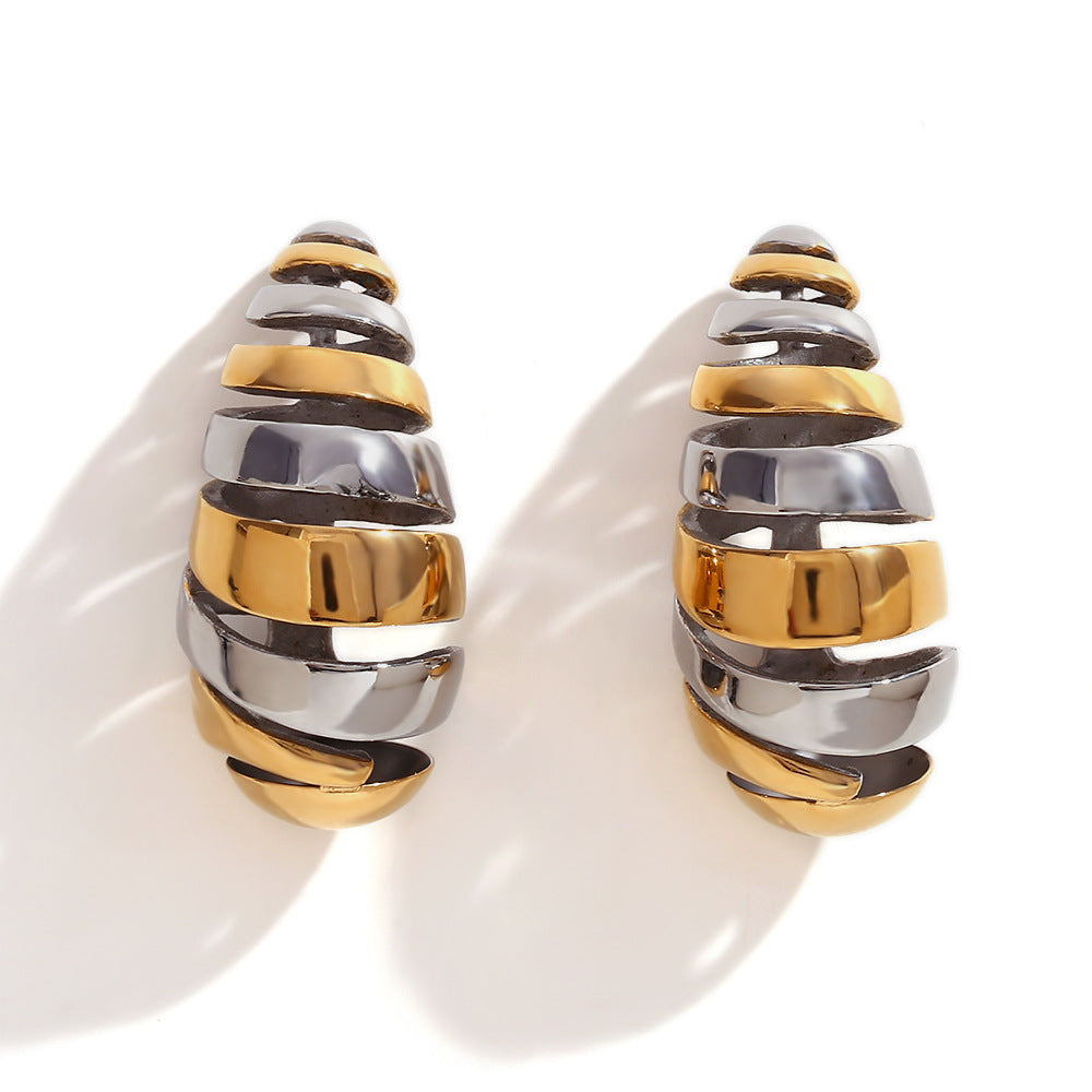 Fashionable Geometric Stainless Steel Threaded Hollow Teardrop Stud Earrings for Women with 18K Gold Plating