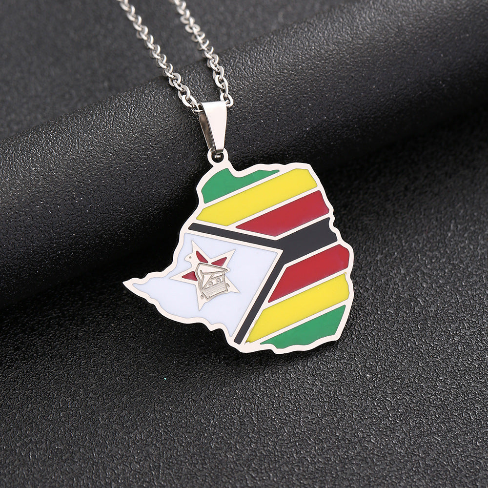 Collana con Pendente Mappa Geometrica dello Zimbabwe in Acciaio Inossidabile con Ciondolo in Acciaio al Titanio, Catena a O Elettroplaccata, Accessorio di Moda Unisex