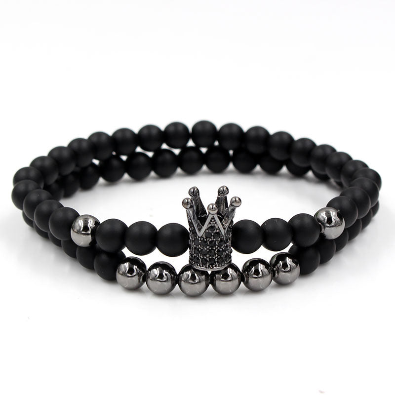 Exaggerated 6mm Matte Black Copper Beaded Bracelet with Pavé Zircon Crown Charm Vintage Hand Chain