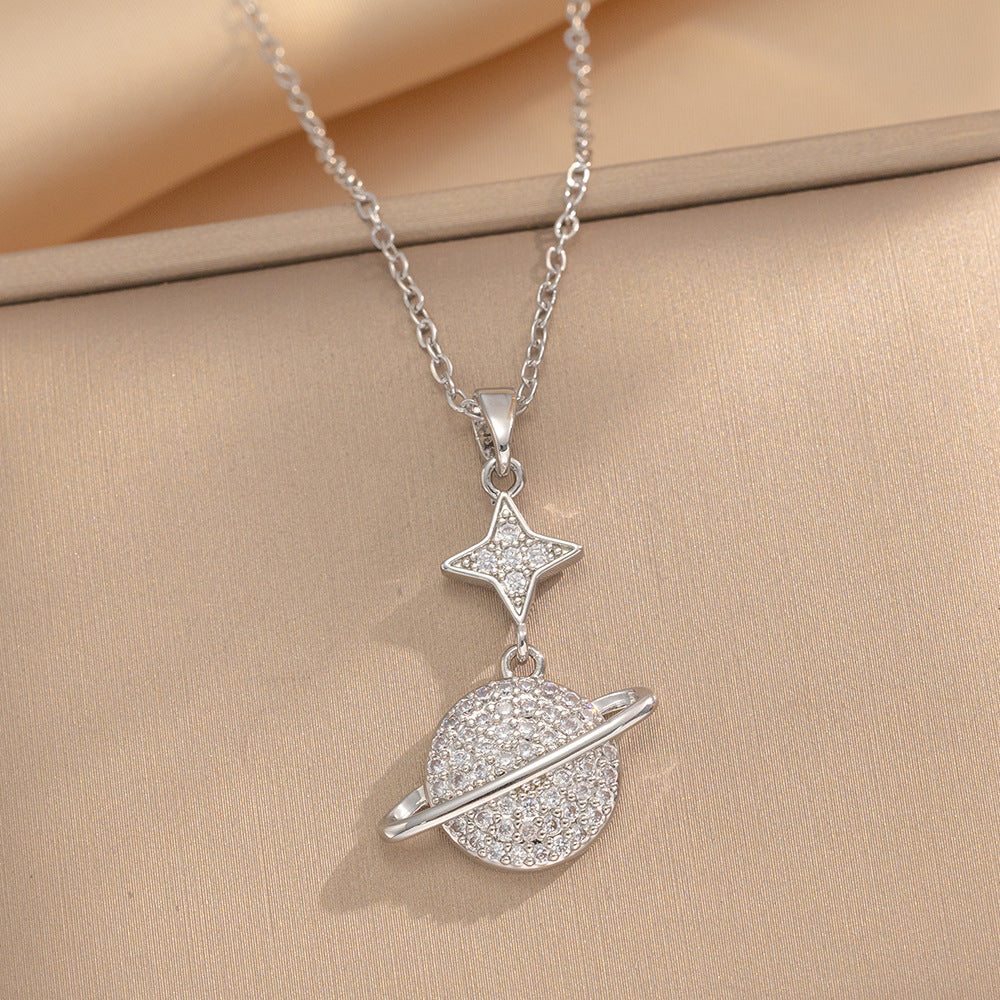 Minimalist Geometric Titanium Steel Plated Necklace for Women with Snake Chain and Lucky Planet Pendant