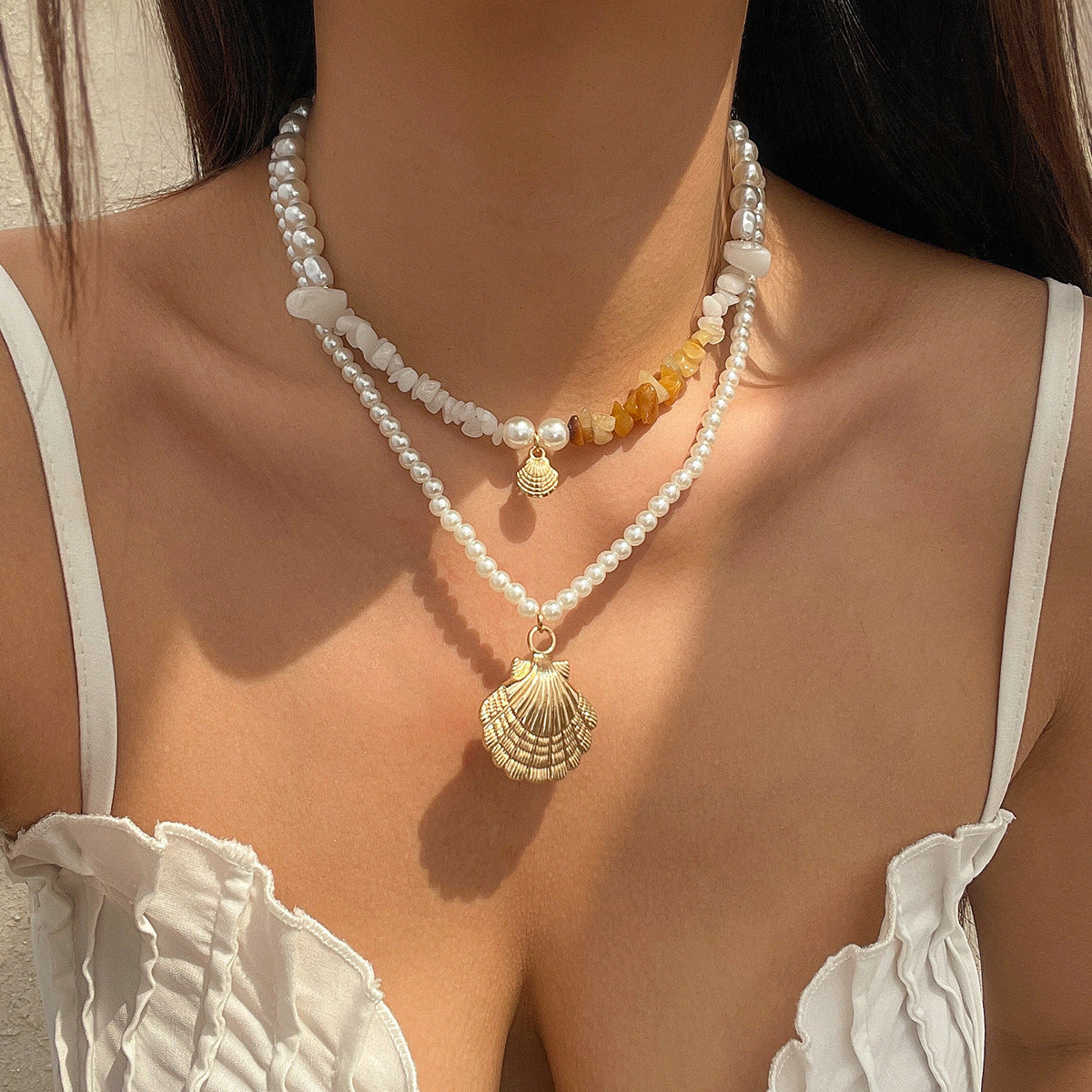 Sweet Bohemian U-Shape Starfish Alloy Plated Pendant Necklace with Tassel and Shell Elements for Women