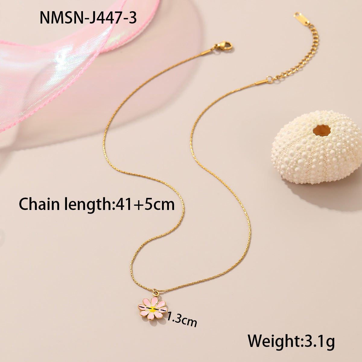 Collana da donna con fiore a margherita alla moda in acciaio inossidabile con finitura placcata, design geometrico a petali, accenti in smalto dopaminico