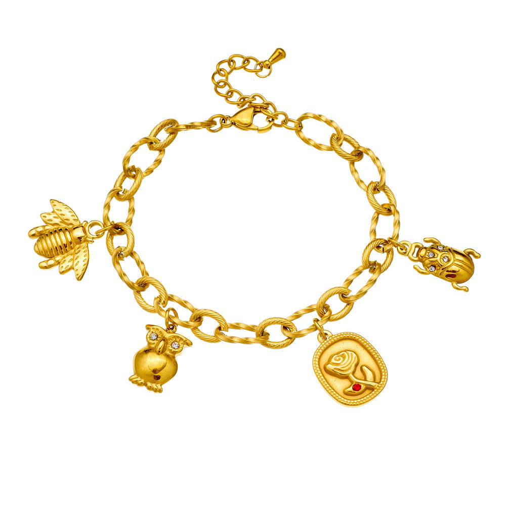 Bracciale alla moda con ciondoli a forma di gufo, ape, coccinella e rosa in acciaio inossidabile placcato oro 18K