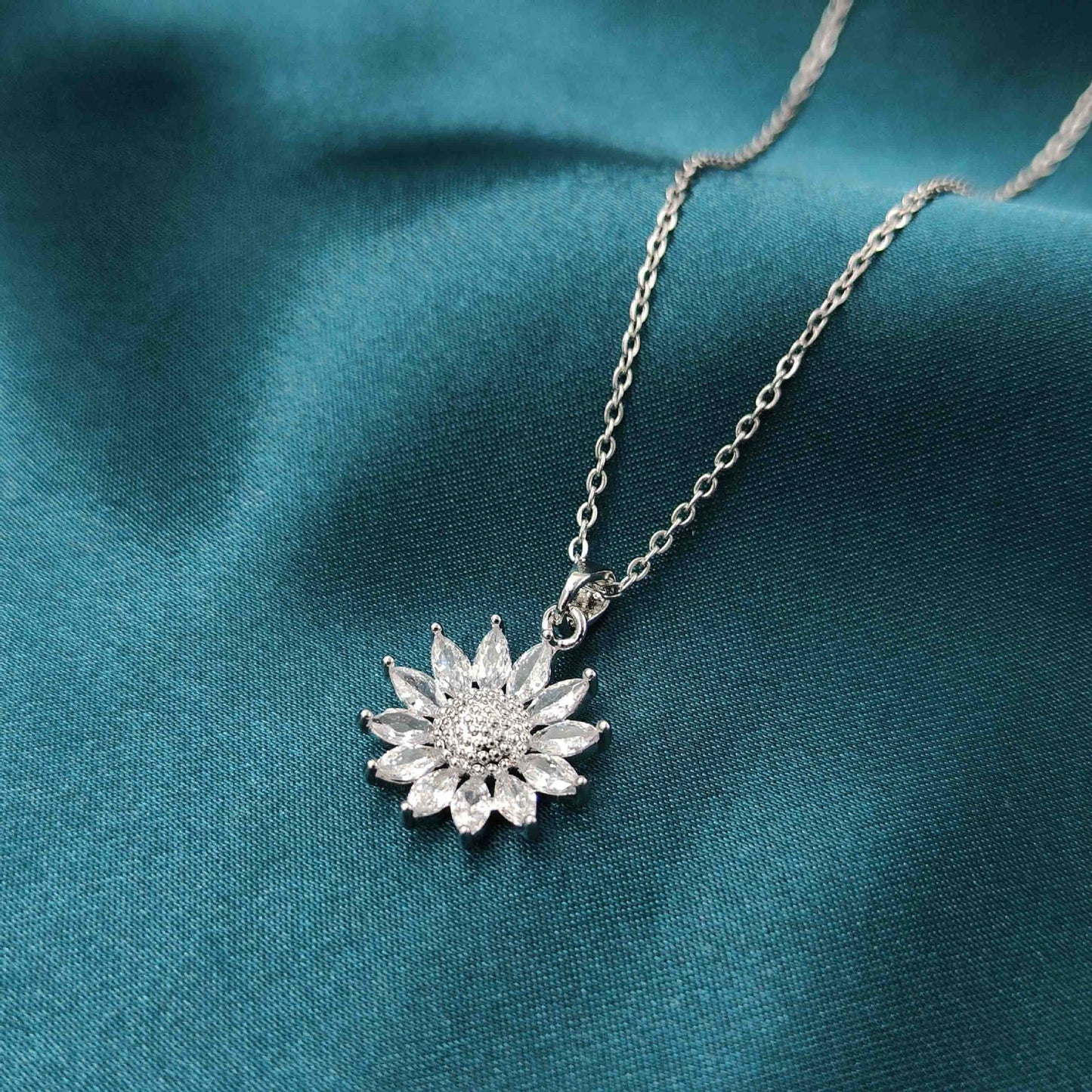 Original Design Sunflower Pendant Necklace for Women in Titanium Steel with Micro-Pave White Zirconia, Irregular Shape Locket Chain