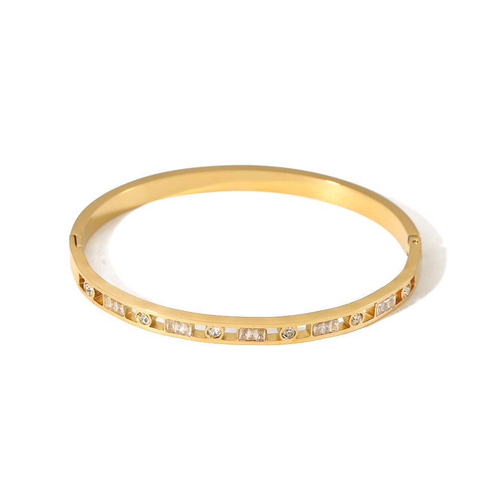 Minimalist Geometric Round and Square Hollow Stainless Steel Bracelet for Women with 18K Gold Plating and Zircon Inlay