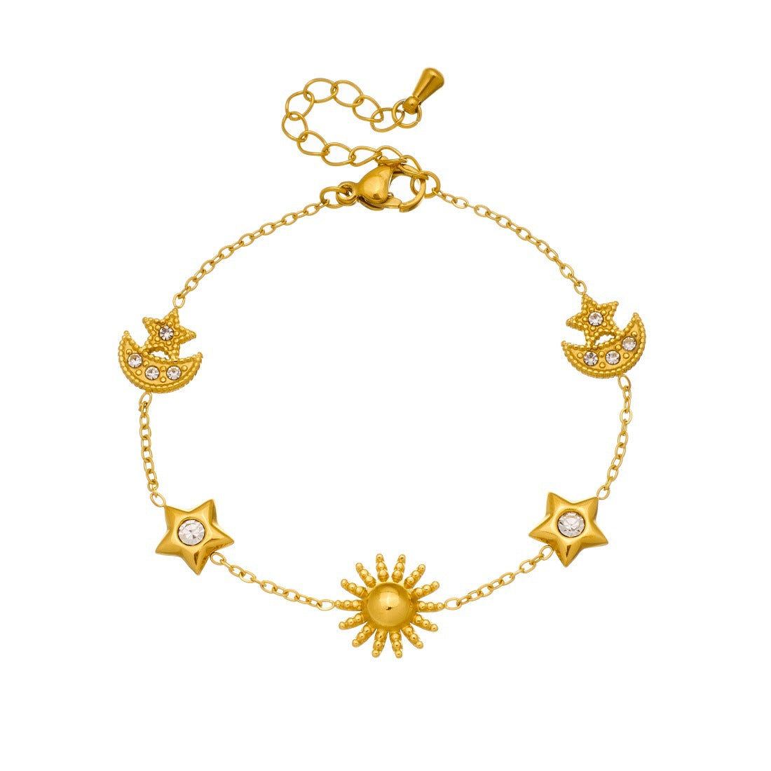 Sweet Gold Plated Stainless Steel Star Moon Sun Pendant with Rhinestone Inlay for Women
