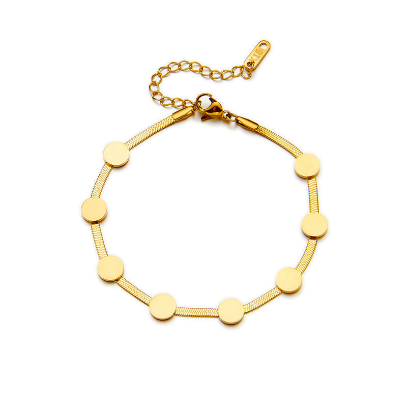 Elegante set minimalista de pulsera y collar de cadena de serpiente para mujer de acero de titanio chapado en oro con colgantes de disco redondo