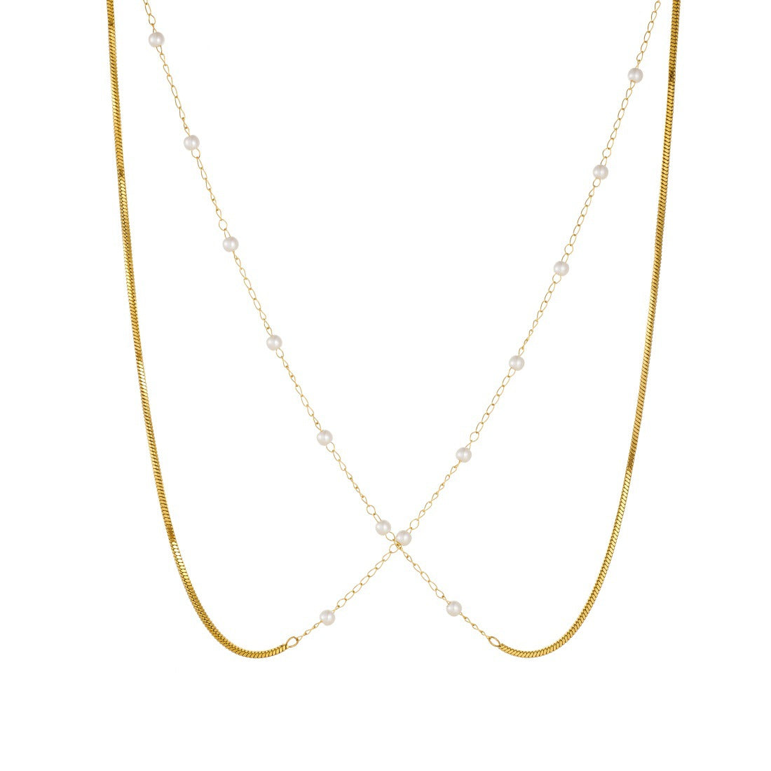 Minimalist Luxury Gold Plated Round Snake Chain Stainless Steel Double Layer Faux Pearl Necklace for Women