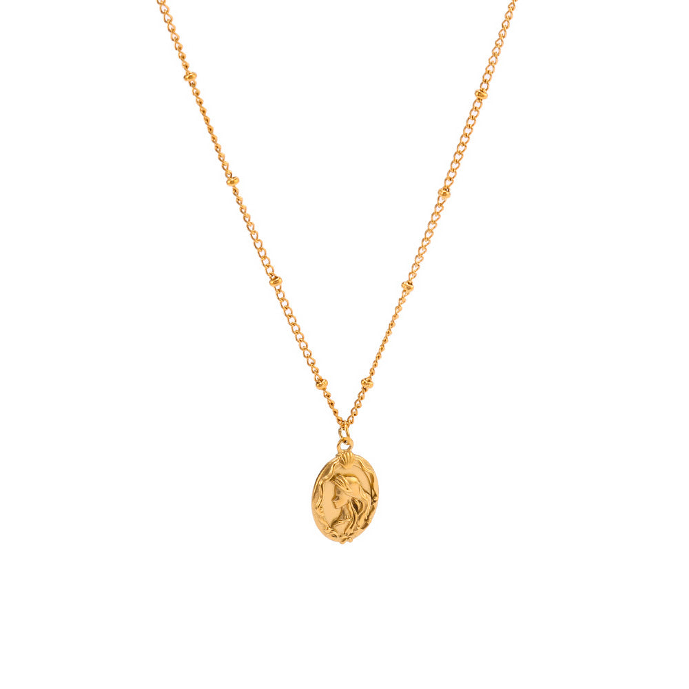 Collana da donna a doppio lato con sirena minimalista in acciaio al titanio, con catena a maglie in oro