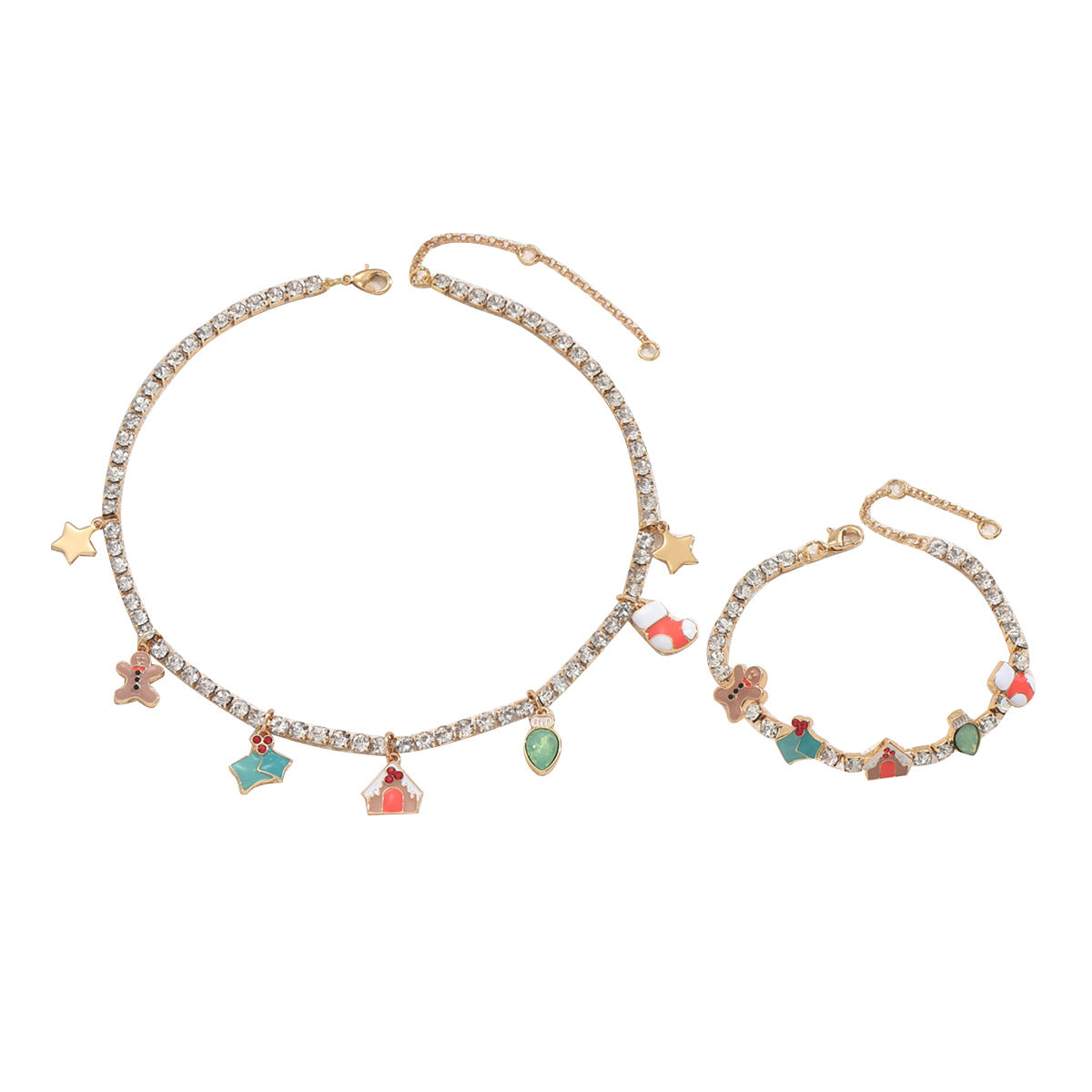 Geometric Christmas Pattern Enamel Pendant Necklace and Bracelet Set for Women with Rhinestone Inlay on Copper Chain