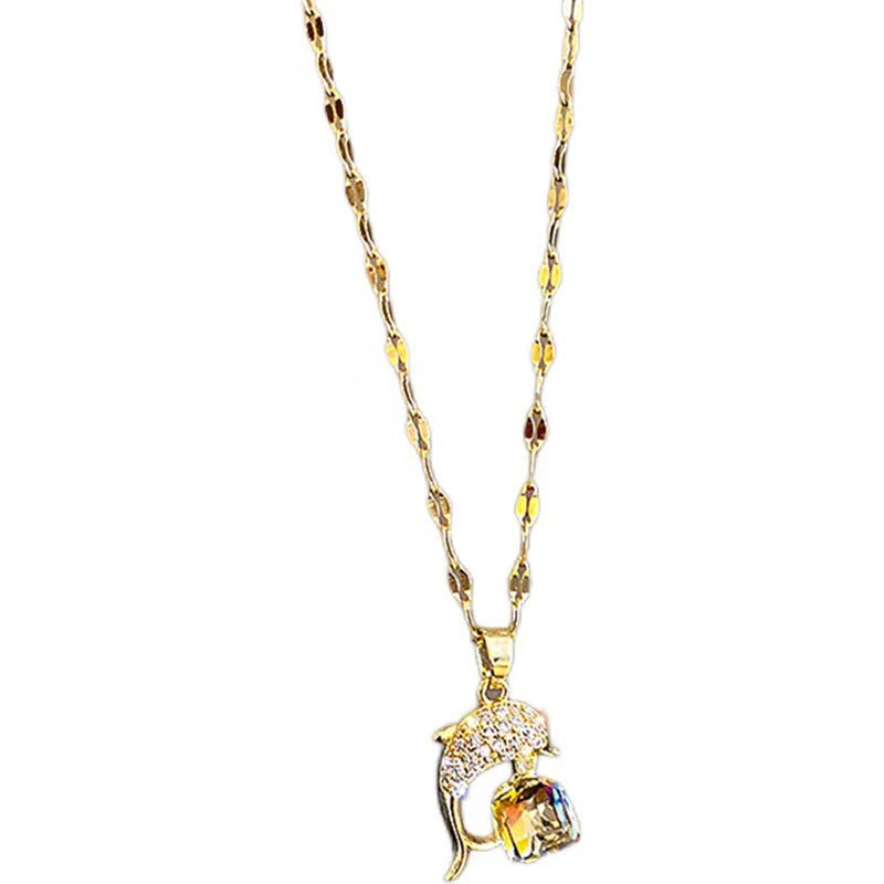 Cartoon Dolphin Pendant Necklace in Titanium Steel with Rhinestone Inlay, Polished and Plated, Fresh and Sweet Style for Women