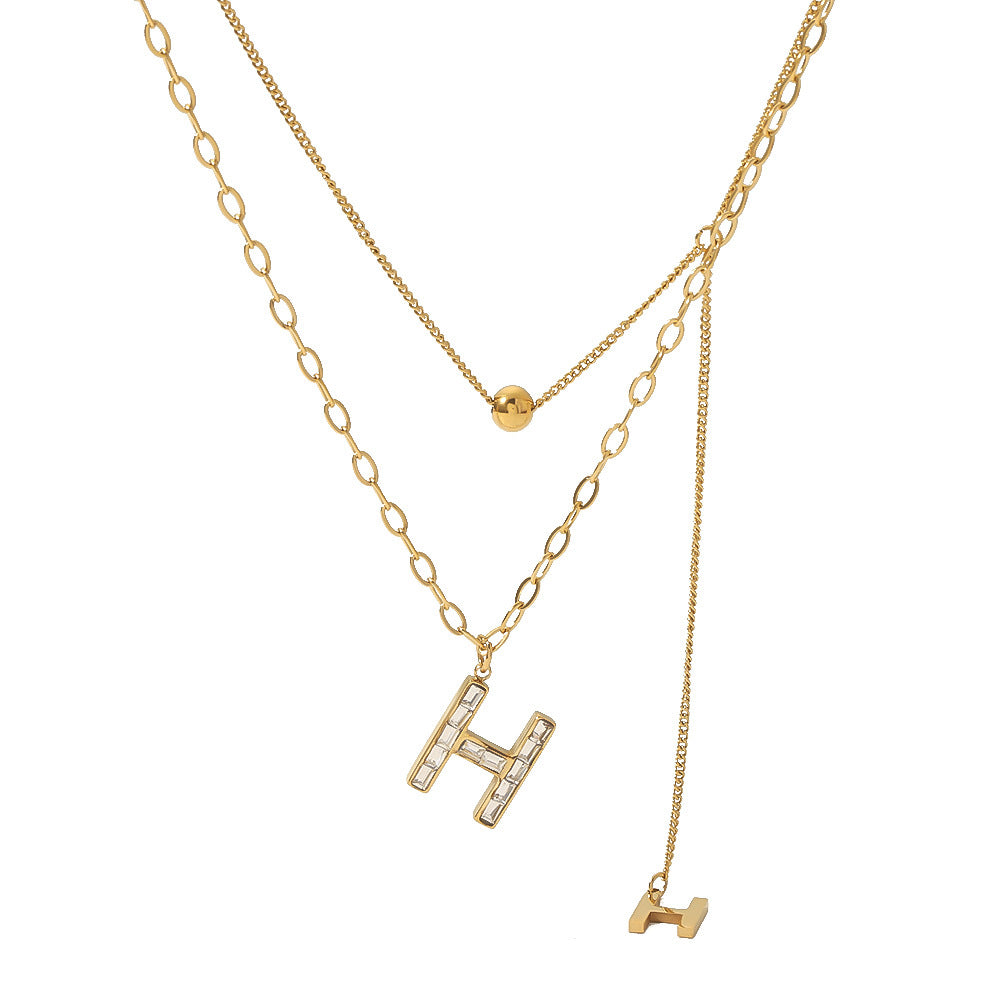 Minimalist Letter H Pendant Necklace for Women Titanium Steel Double Layer Beaded Sweater Chain with Rhinestone Inlay and 18K Vacuum Plating