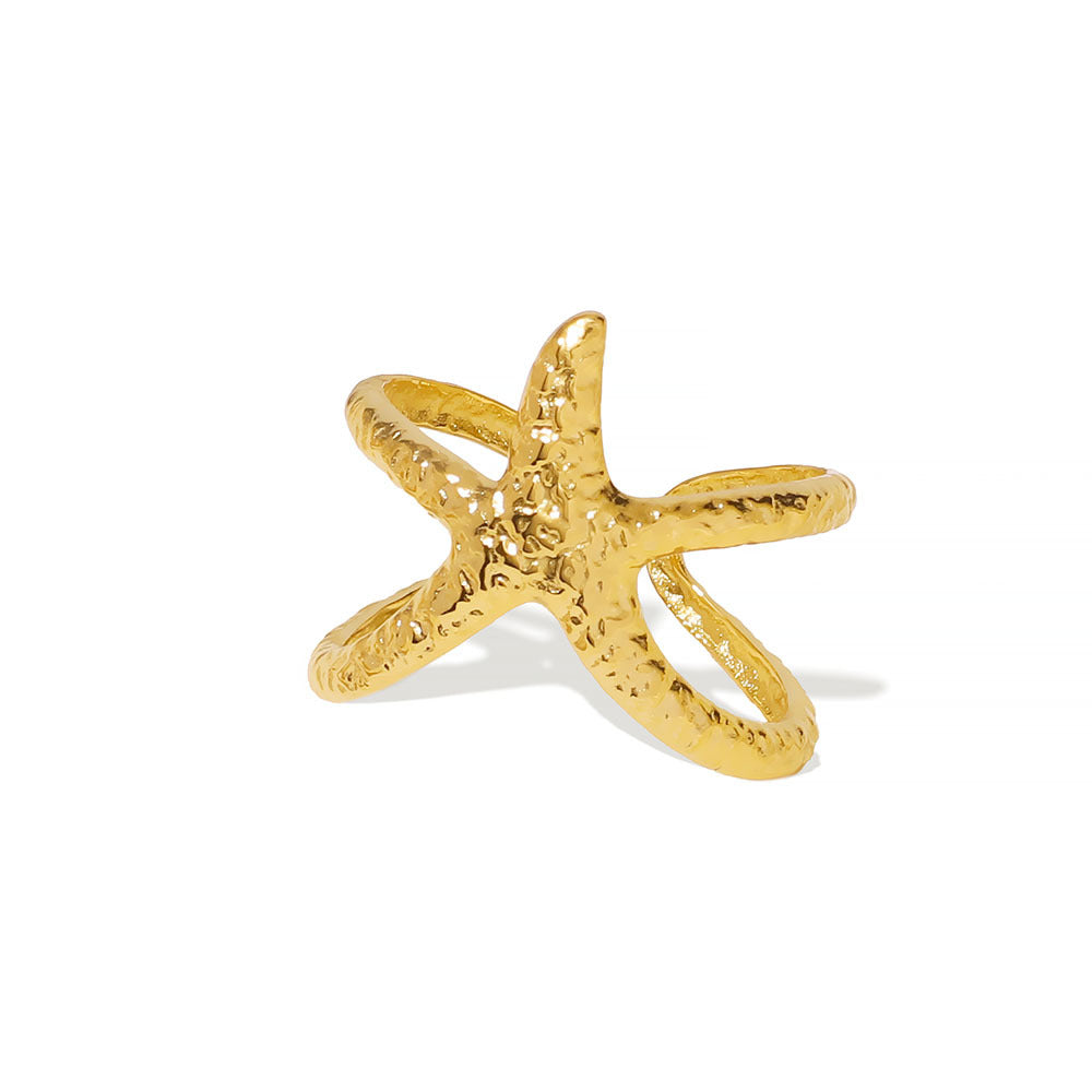 Anello minimalista a forma di stella in acciaio inossidabile con superficie testurizzata ispirata all'oceano per donna e uomo