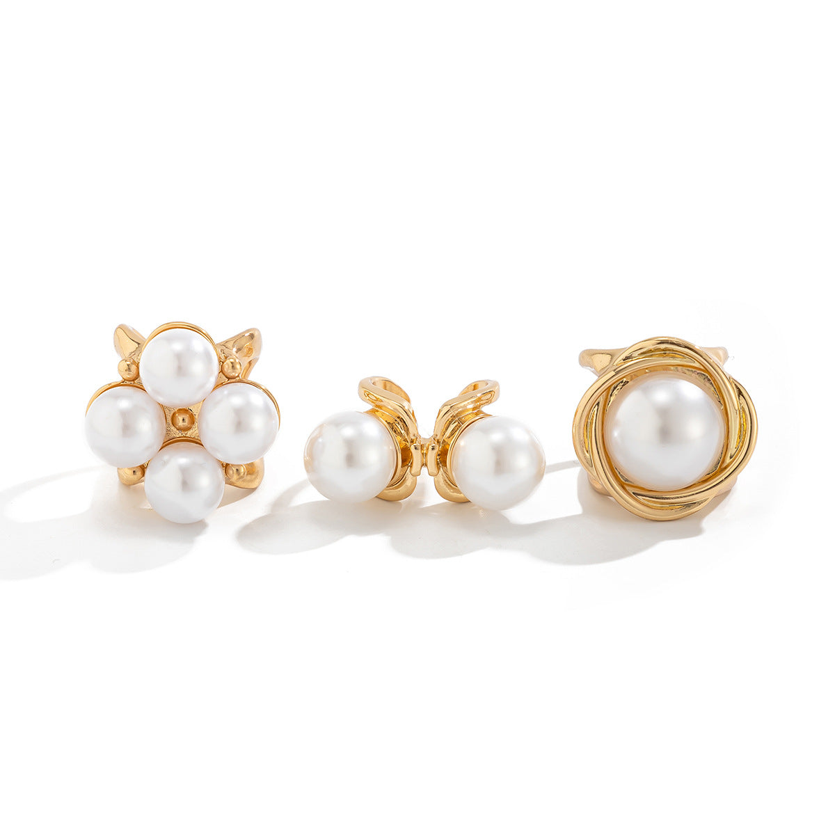 Vintage Geometric Hollow Imitation Pearl Plated Alloy Ring Set for Women