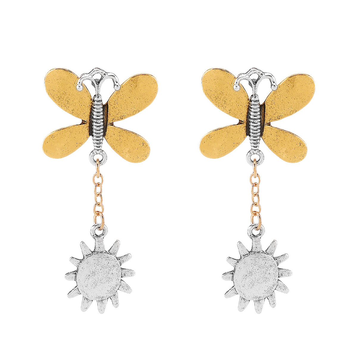 Pendientes colgantes elegantes de mariposa y rayos de sol para mujer, de aleación de zinc con acabado galvanizado