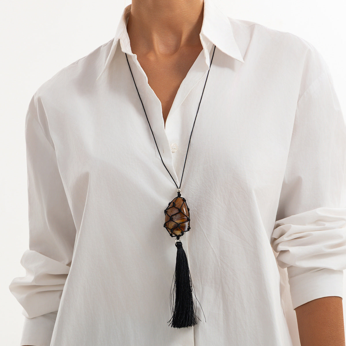 Minimalist Geometric Oval Resin Pendant Leather Cord Tassel Long Necklace for Women