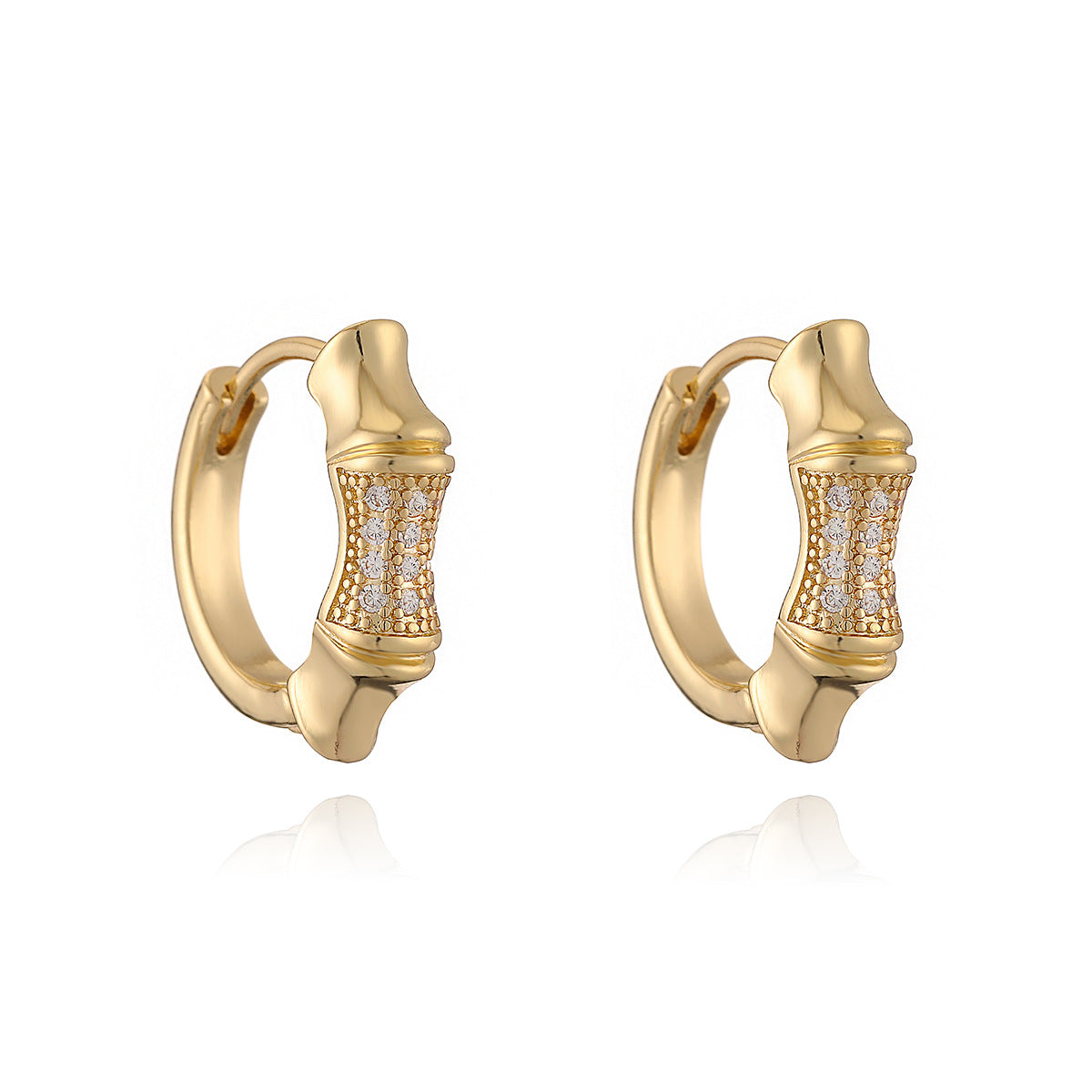 Minimalist Bamboo Joint Shaped Copper Earrings with 18K Gold Plating and Zircon Inlay for Women