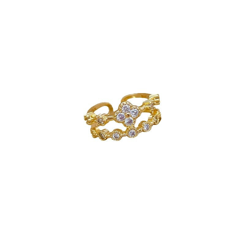 Sweet Minimalist Gold Plated Brass Clover Rhinestone Adjustable Ring for Women and Couples