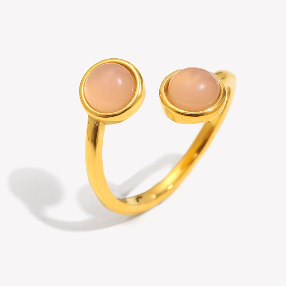 Elegant Vintage French-Style Geometric Stainless Steel Plated 18K Gold Open Ring for Women with Green Agate