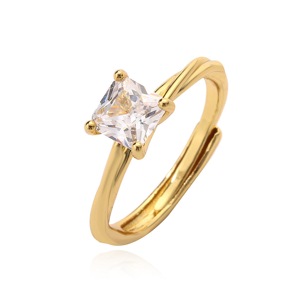 Minimalist Geometric Gold Plated Brass Ring with Cubic Zirconia for Women