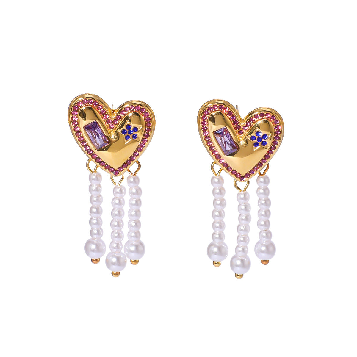 Pendientes Ins Style de Acero Inoxidable en Forma de Corazón con Incrustaciones de Pedrería y Colgante de Perla para Mujer