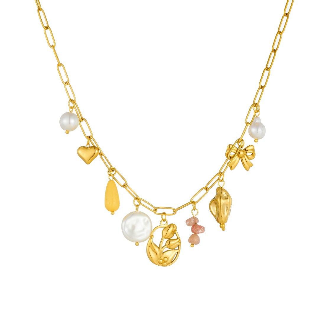 Sweet Gold Plated Stainless Steel Floral Bow Pendant Necklace with Curb Chain