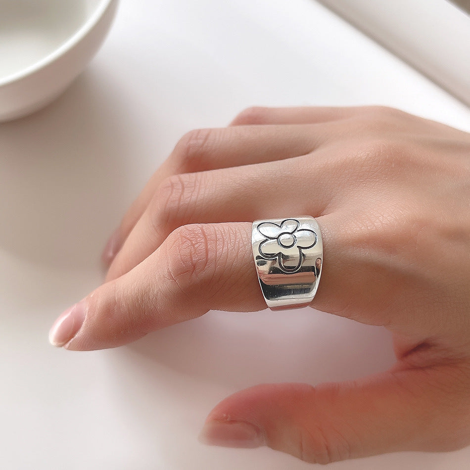 Anello floreale minimalista in argento sterling 925 con intarsio in agata nera, gioielli da donna regolabili