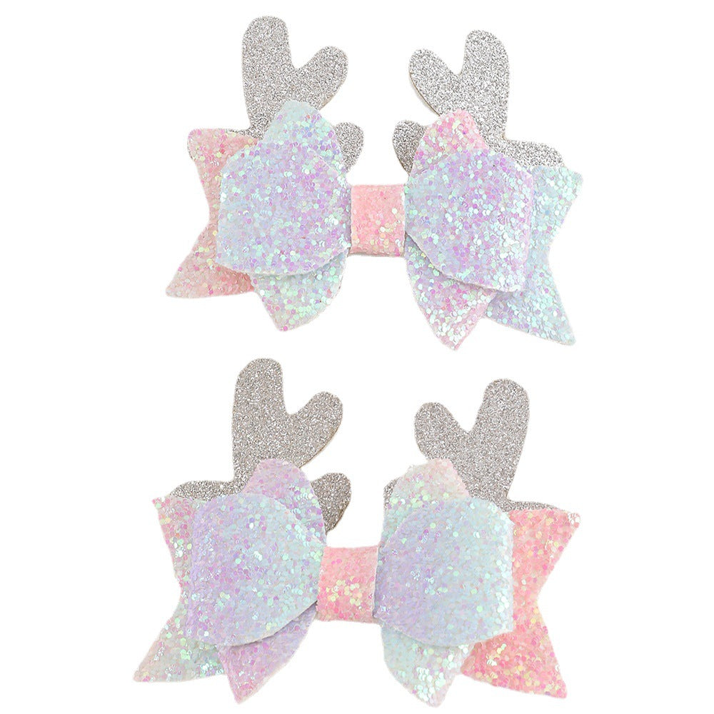 Handmade Bowknot Hair Clip Set for Girls with Deer Ear Design, Sparkling Sequins Accent, Fabric Material, Christmas and Fall Winter Collection