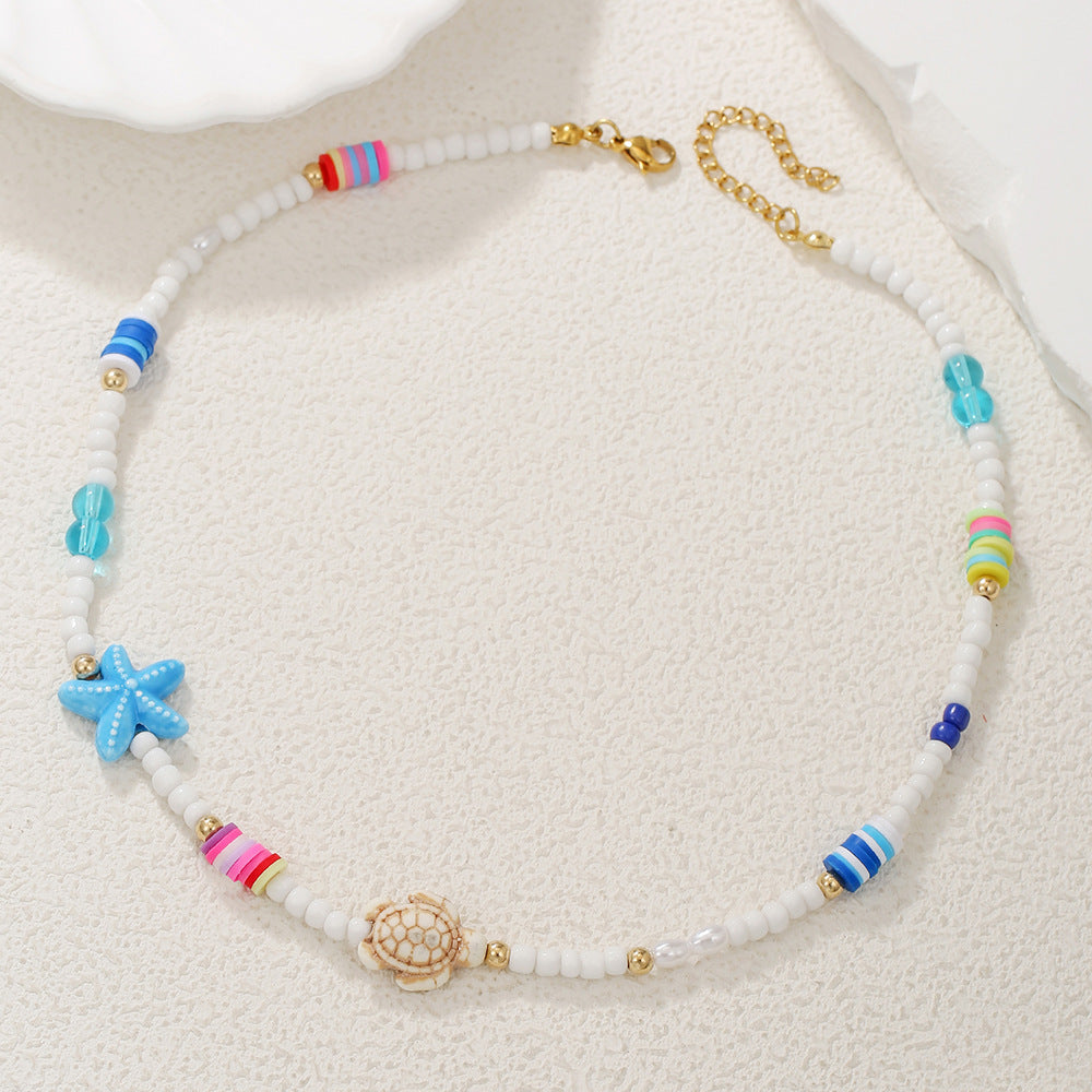 Geometric Round Stainless Steel and Resin Necklace with Starfish Shell Turtle Charms Cable Chain Unisex