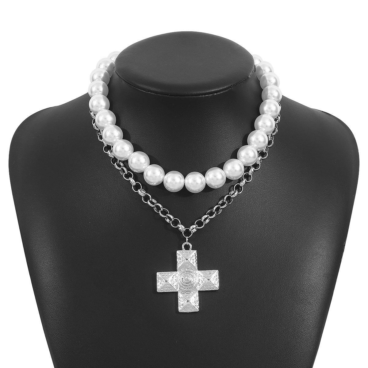 Collar con colgante de cruz vintage artístico minimalista para mujer, de aleación con incrustaciones de diamantes de imitación en cadena de bolas