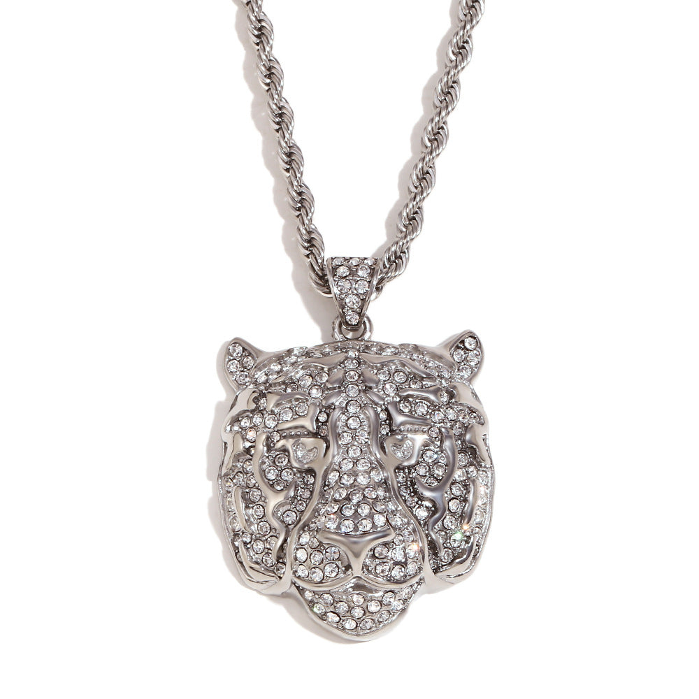 Hip Hop Style Tiger Face Pendant Necklace for Men Stainless Steel with 18K Gold Plating and Full Rhinestone Inlay on Twisted Chain