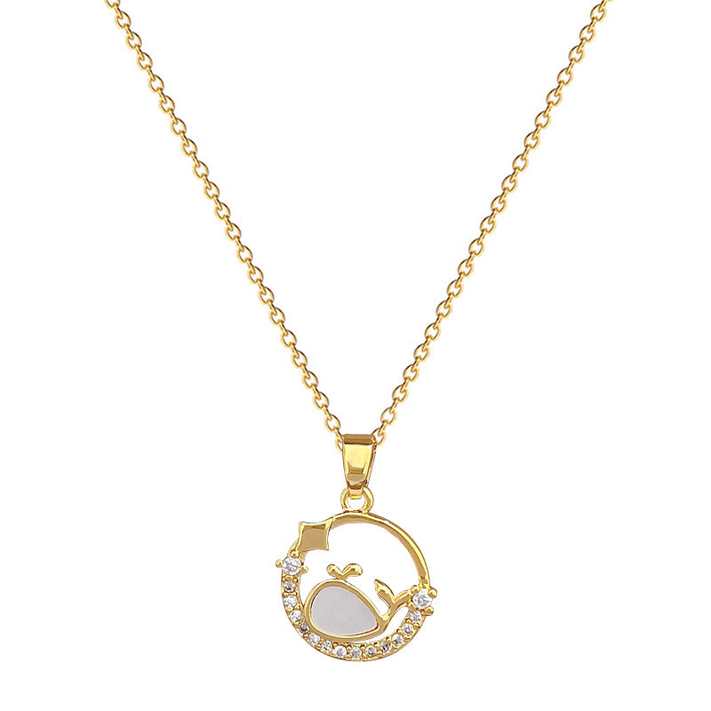 Luxury Fresh Geometric Shell Whale Circle Necklace for Women and Men Stainless Steel Chain with Rhinestone Inlay
