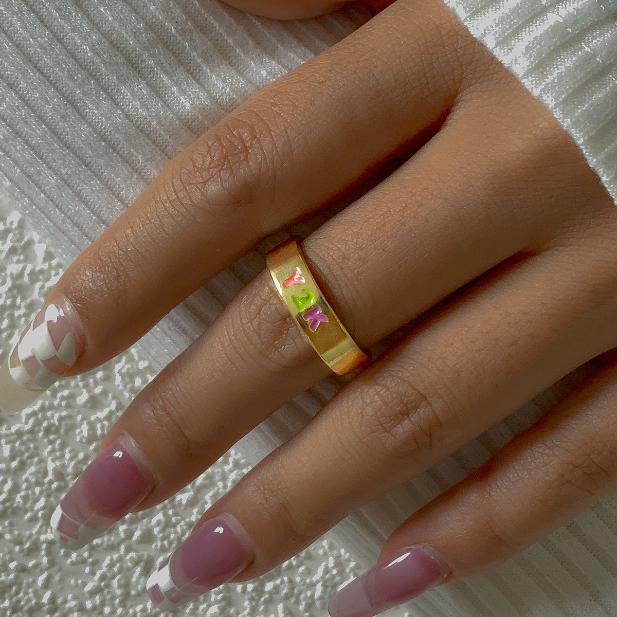 Sweet and Edgy Geometric Heart Smile Ring for Women in Plated Metal with Colorful Enamel Finish