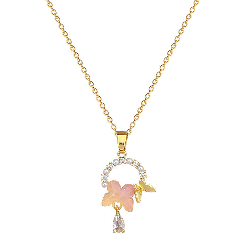 Elegant Pearl Butterfly Pendant Necklace for Women Stainless Steel Delicate Clavicle Chain with Rhinestone Accents Geometric Design