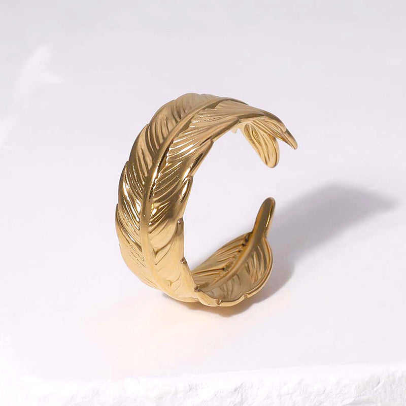Minimalist Feather-Shaped Titanium Steel Ring with 18K Gold Plating for Women