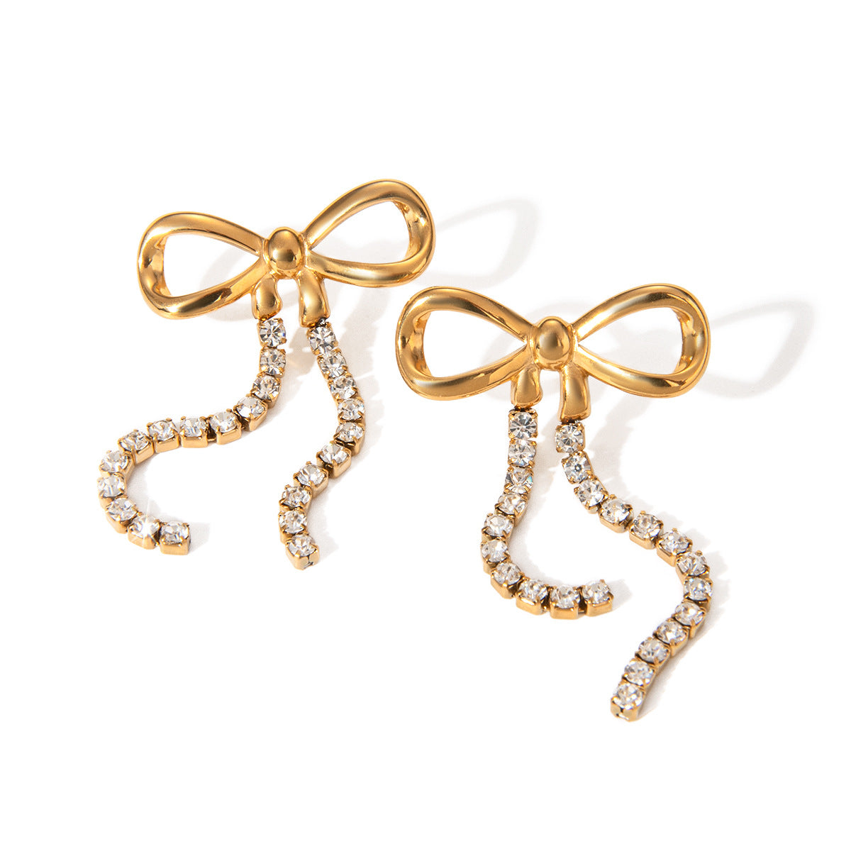 Minimalist 18K Gold Plated Stainless Steel Bow Rhinestone Chain Earrings for Women