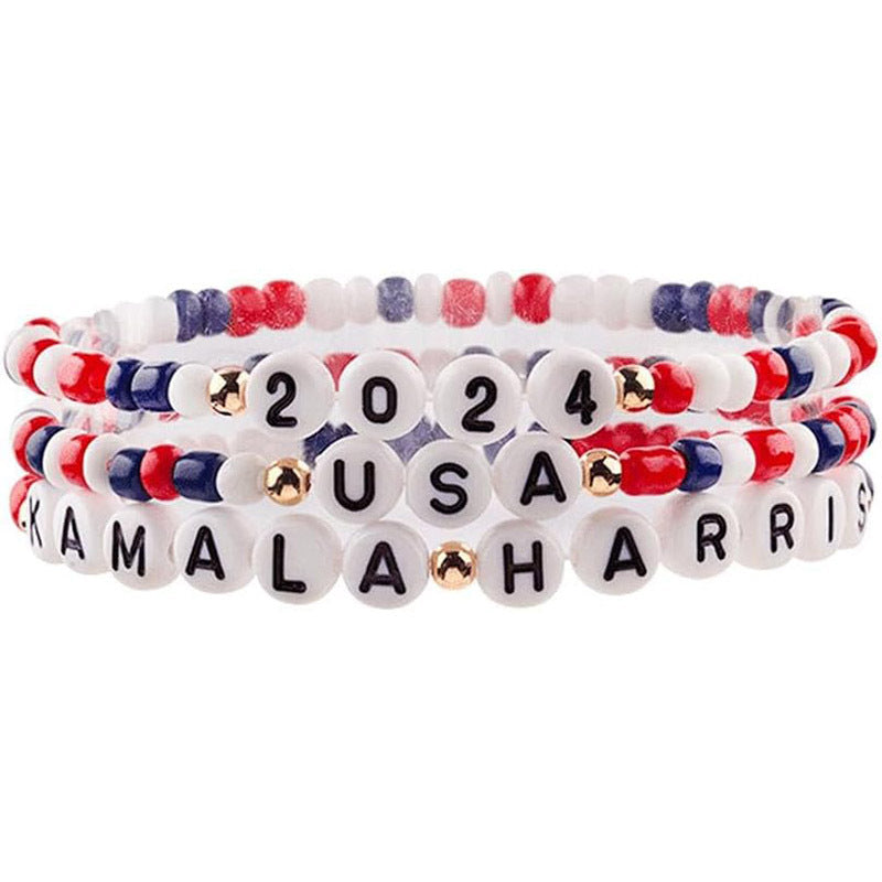 Red White Blue Resin Letter Bead Star Bracelet Set Unisex Casual Jewelry