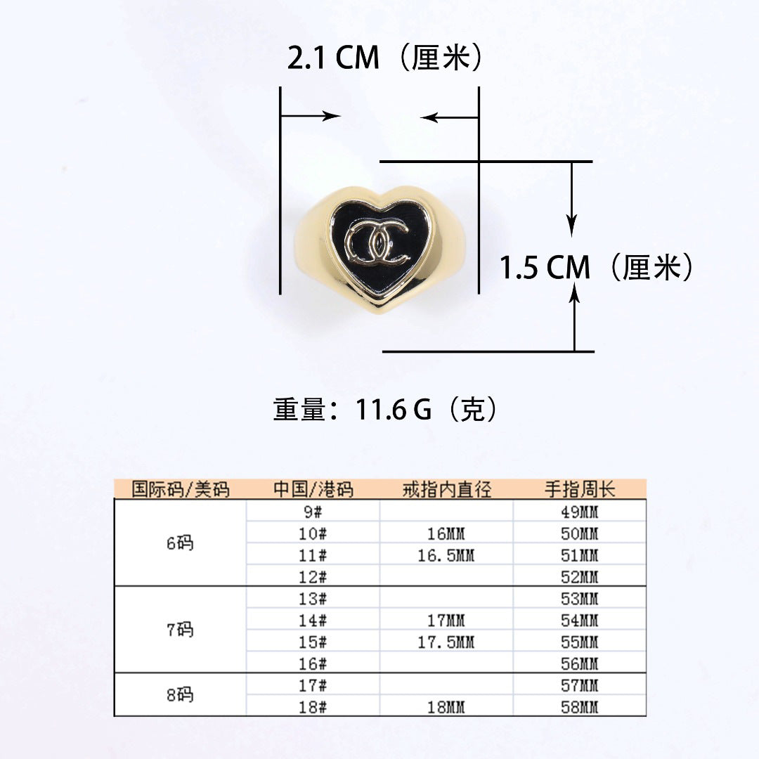 Anello a Cuore con Lettera in Ottone Placcato Oro di Lusso con Smalto Nero per Donna