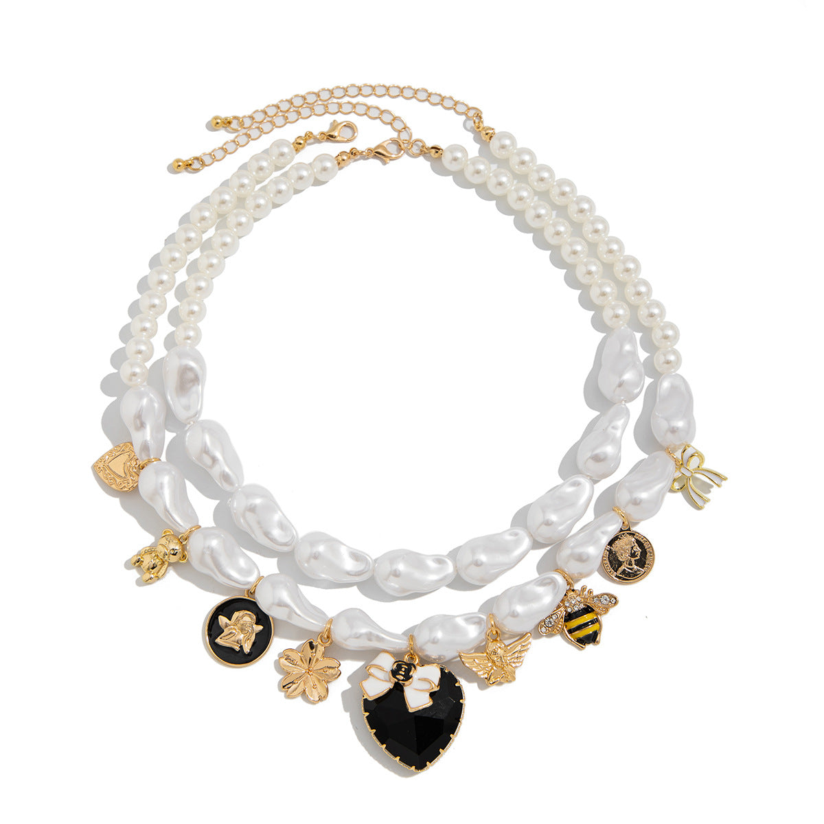 Collana con pendente a forma di ape esagerata a cuore e forma geometrica con base in lega placcata, perle imitate e intarsi in strass acrilici per donna