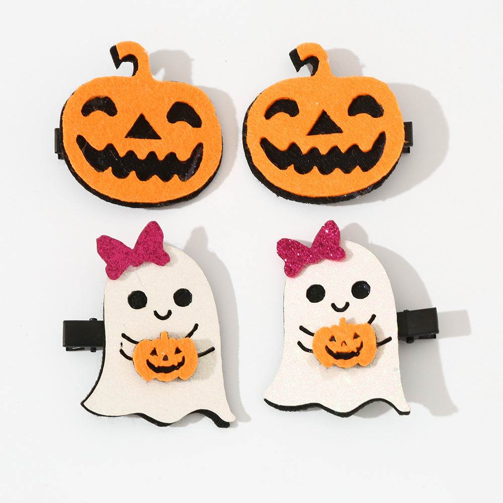Halloween Ghost and Pumpkin Shaped Metal Hair Clips for Kids with Geometric Design, Two-Pair Set