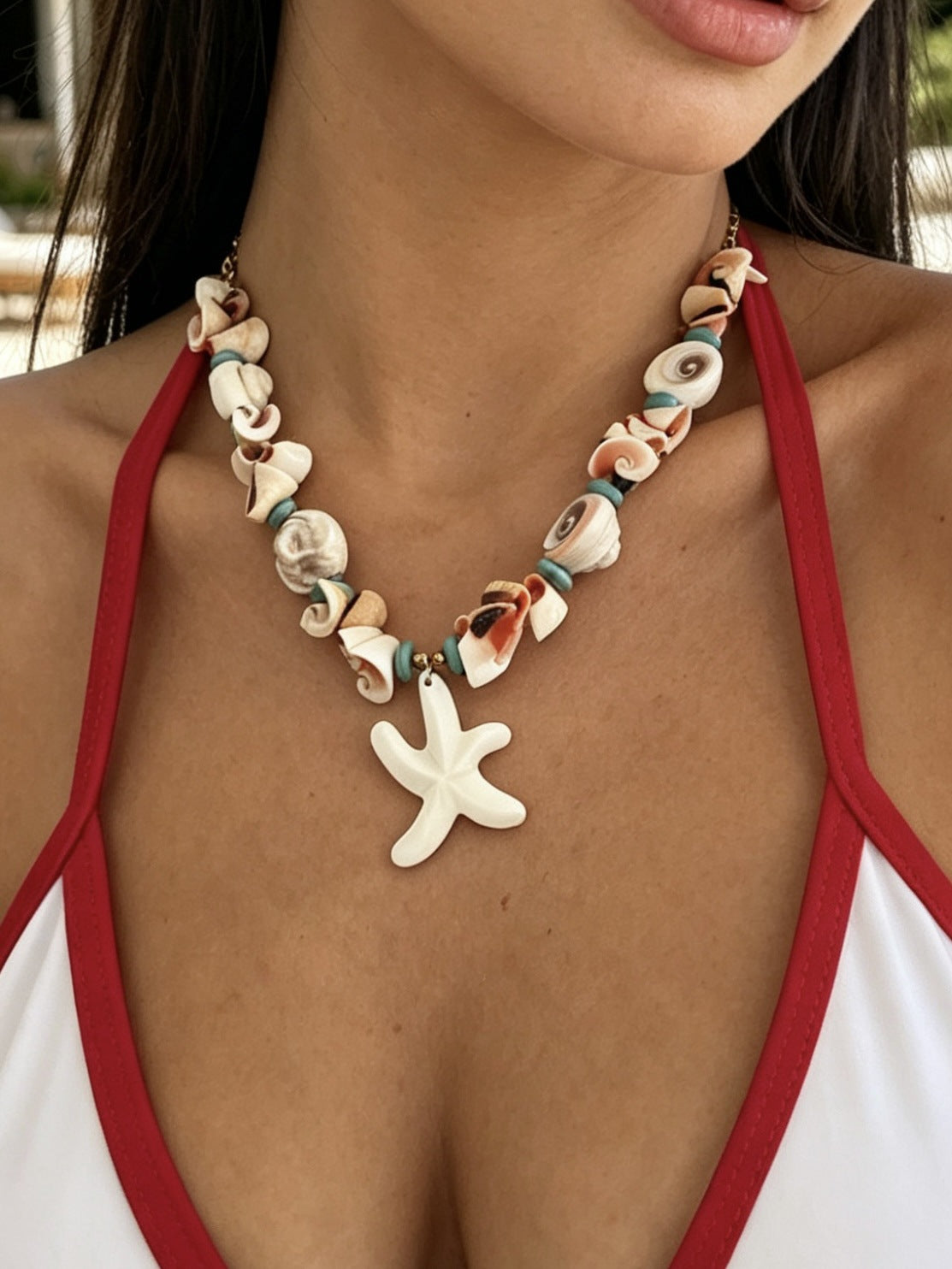 Sweet Streetwear Geometric Stainless Steel Plated Shell Starfish Pendant Necklace for Women