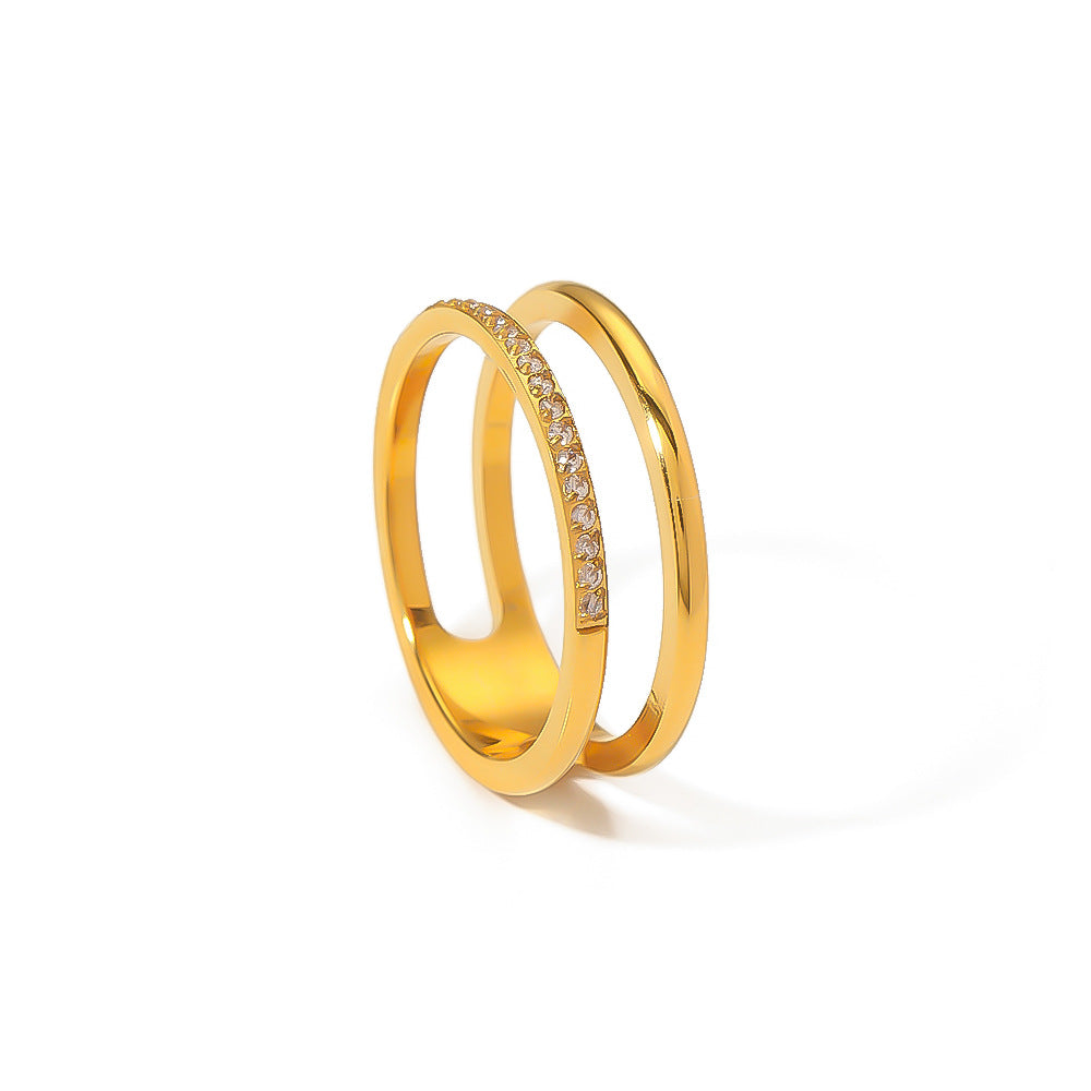 Anello da donna minimalista a doppio strato rotondo geometrico in acciaio inossidabile con intarsio di strass