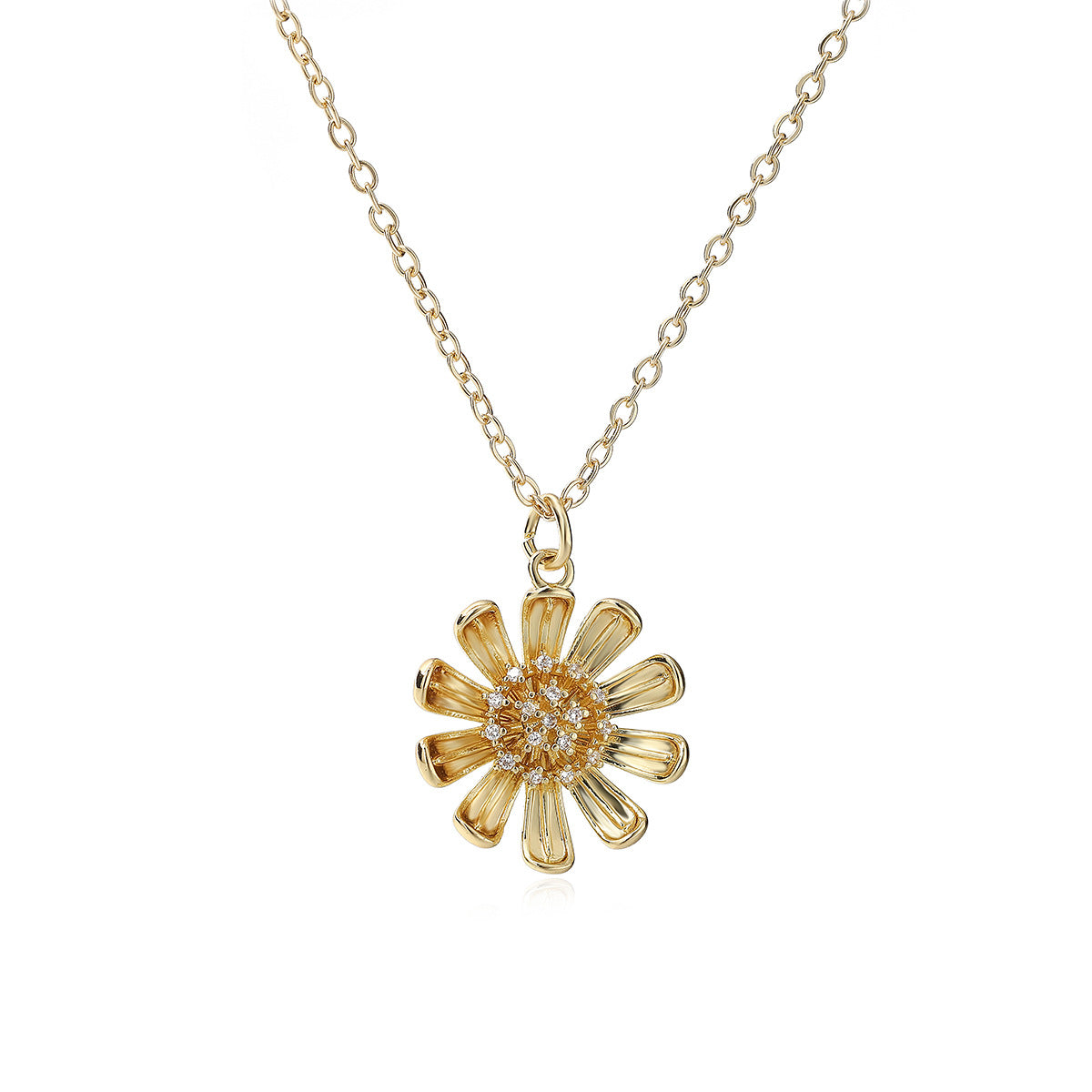 Minimalist 18K Gold Plated Brass Geometric Cubic Zirconia Sunflower Pendant Necklace for Women
