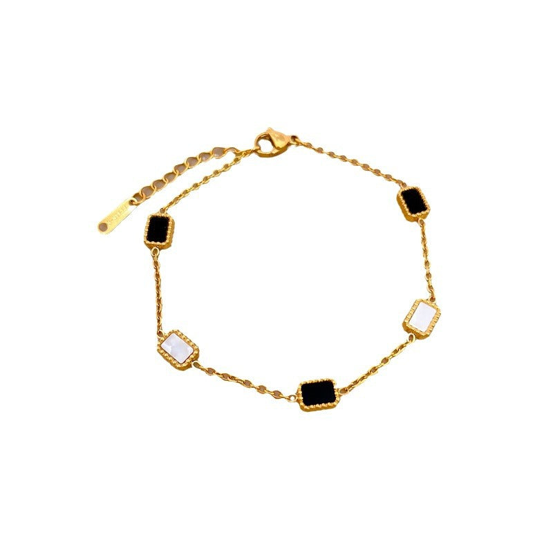 Vintage Titanium Steel Box Chain Bracelet for Women Geometric Black and White Wave Texture