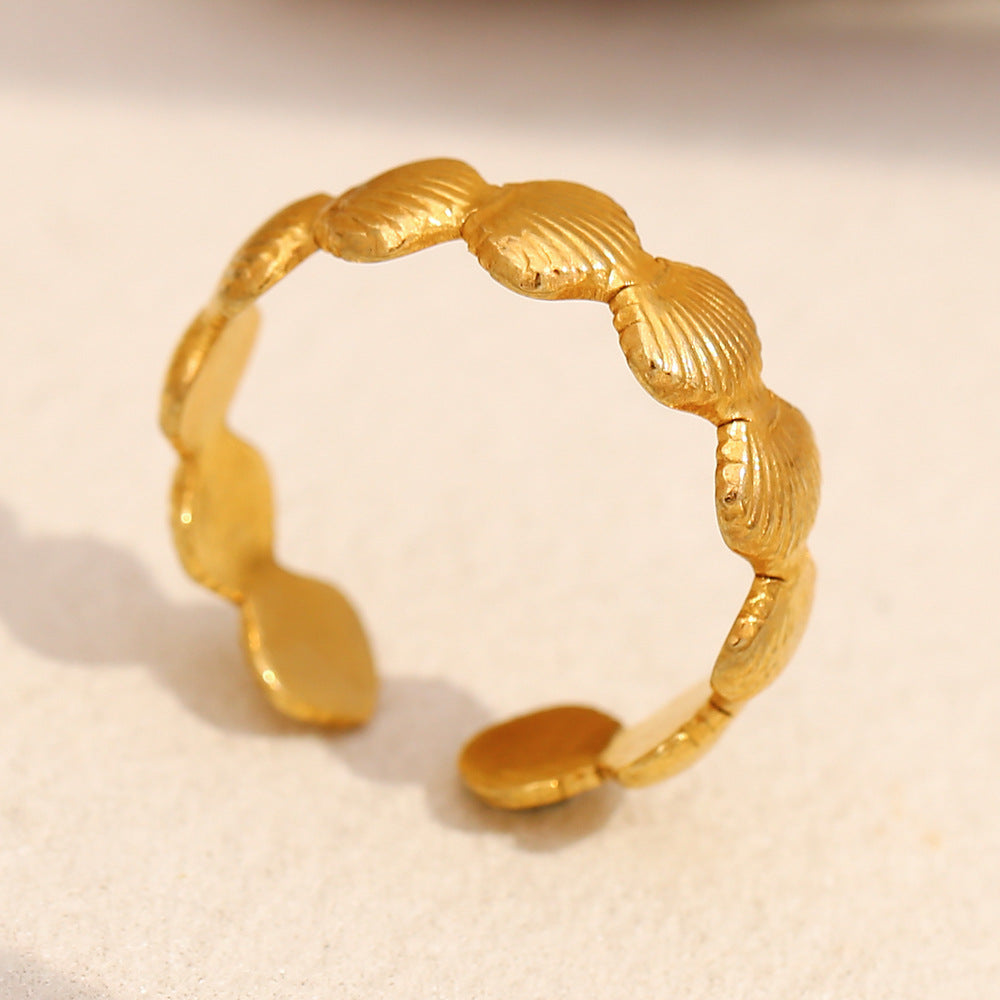 Minimalist Geometric Stainless Steel Ring with 18K Gold Plating and Shell Motif for Women