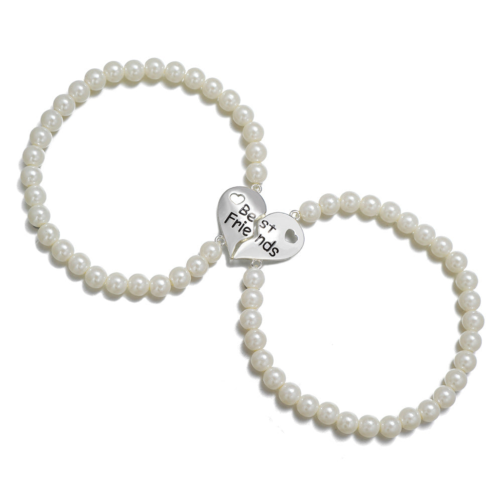 Minimalist Two-Piece Friendship Bracelet Set with Geometric Heart-Shaped Alloy and Pearl Charms